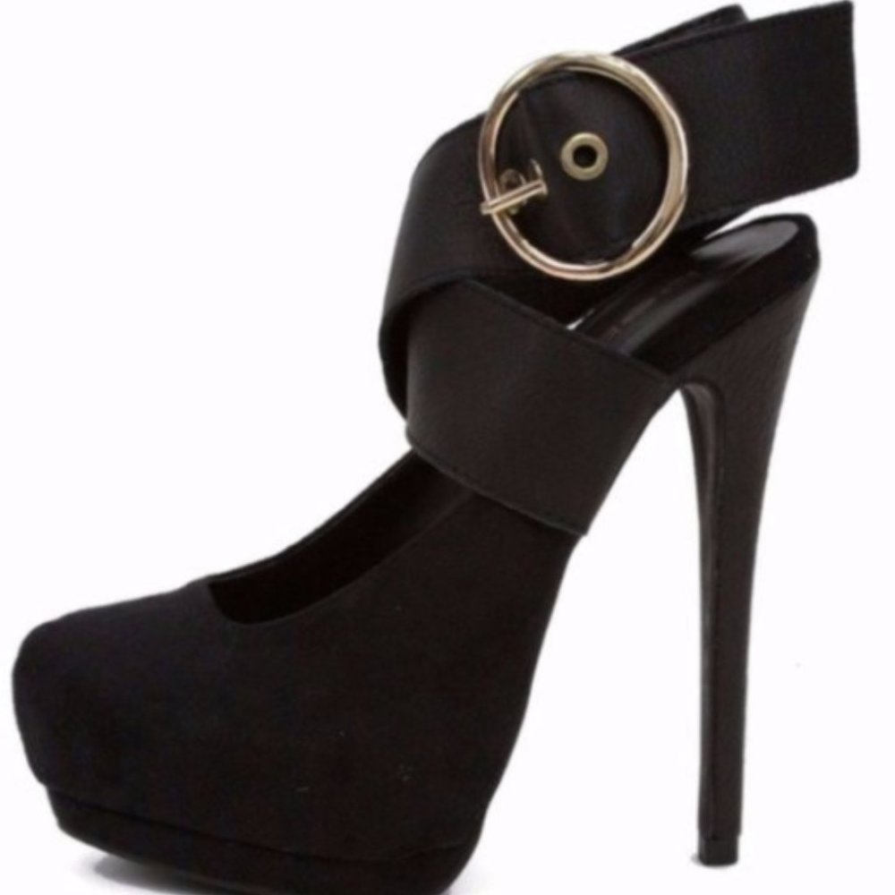 bebe Elegant Black Heels with Gold Buckle
